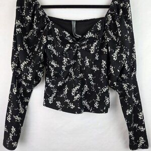 Anthropologie Women's Crop Top Size XS Black Floral Long Puff Sleeve Cropped
